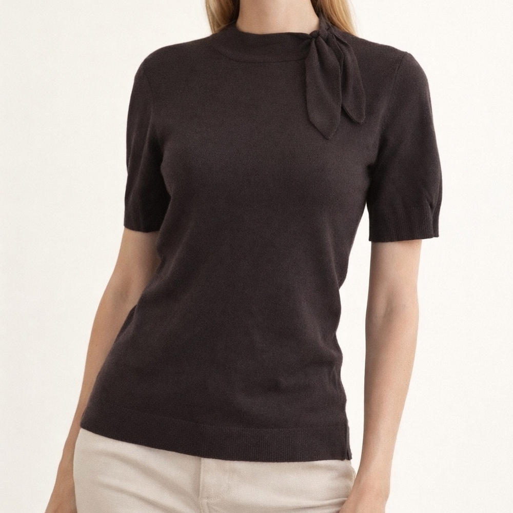 LOFT Chocolate Brown‎ Knit Bow Tie-Neck Top – Soft Rayon Blend SP Feminine
